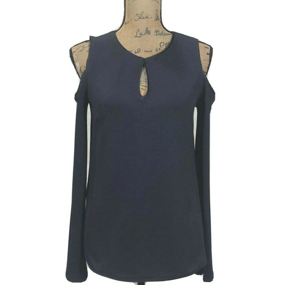 Banana Republic XS Top Navy Blue Black Satin Trim Cold Shoulder Long Sl Keyhole